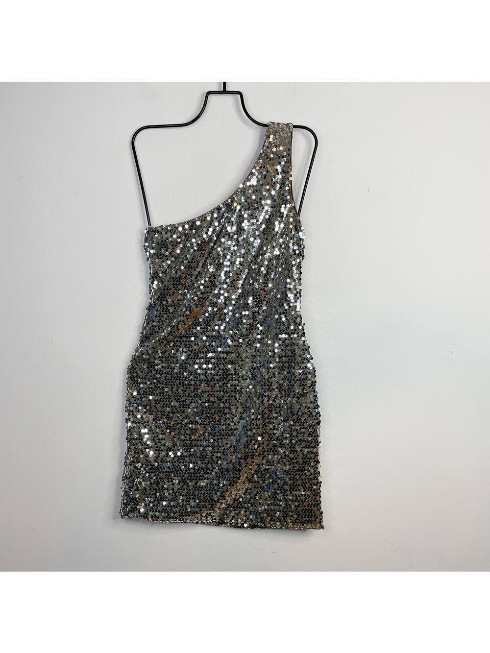 Lily Rose Silver Sequin Stretch One Shoulder Mini Disco Ball Dress Juniors L New